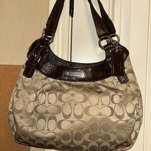 Coach Khaki Signature Canvas Hobo with Chestnut Leather Trim